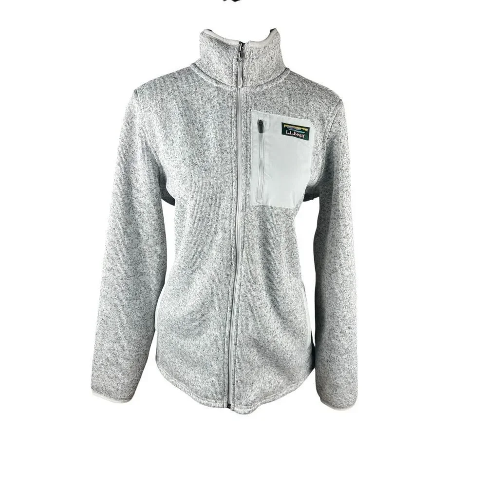 L.L.Bean Sweater Fleece Full-Zip Overlay Jacket Women's large Heather Gray Logo - Picture 2 of 6